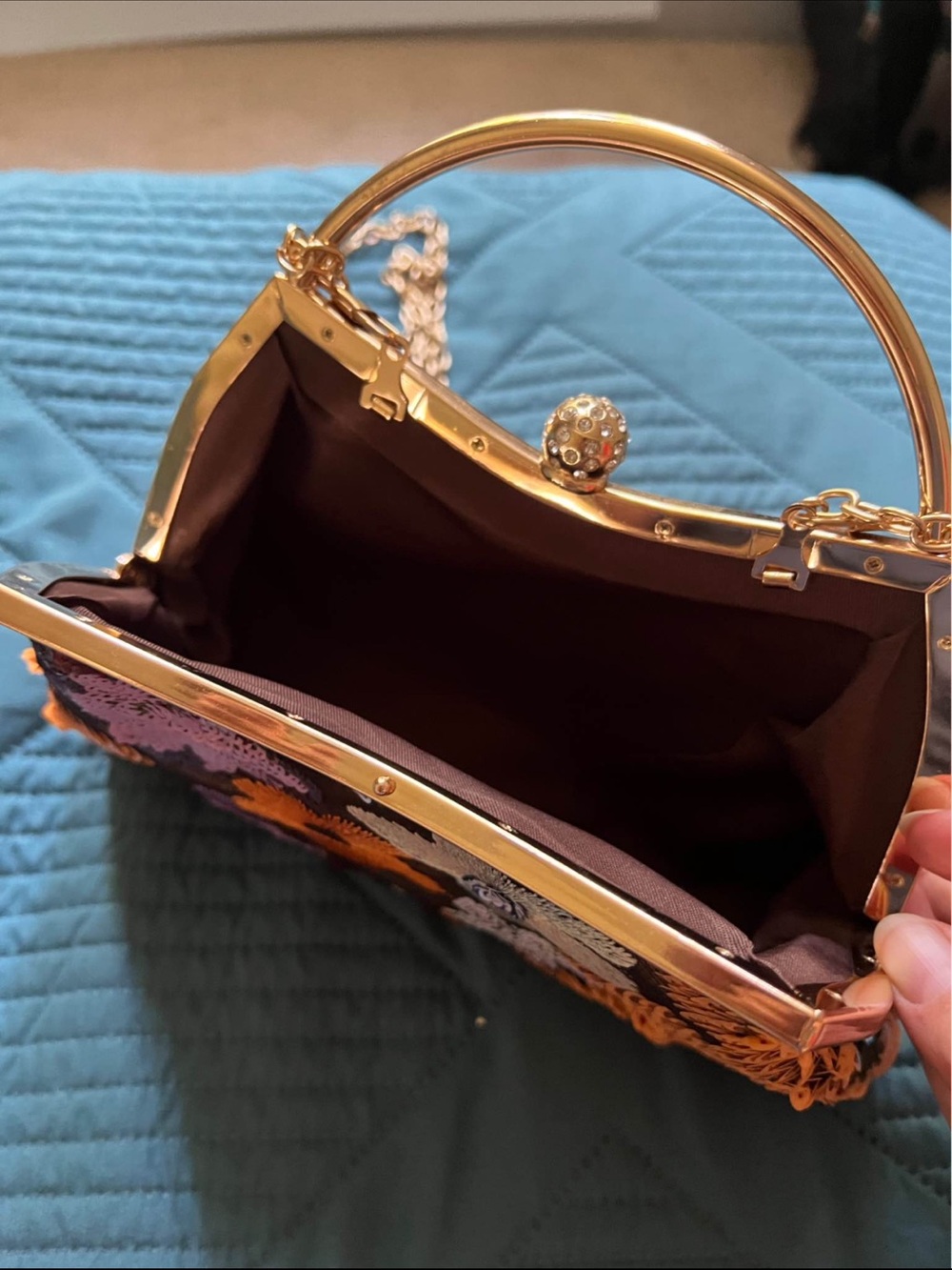 Embellished Floral Sequin Frame Bag in Brown and Orange - Picture 3 of 3